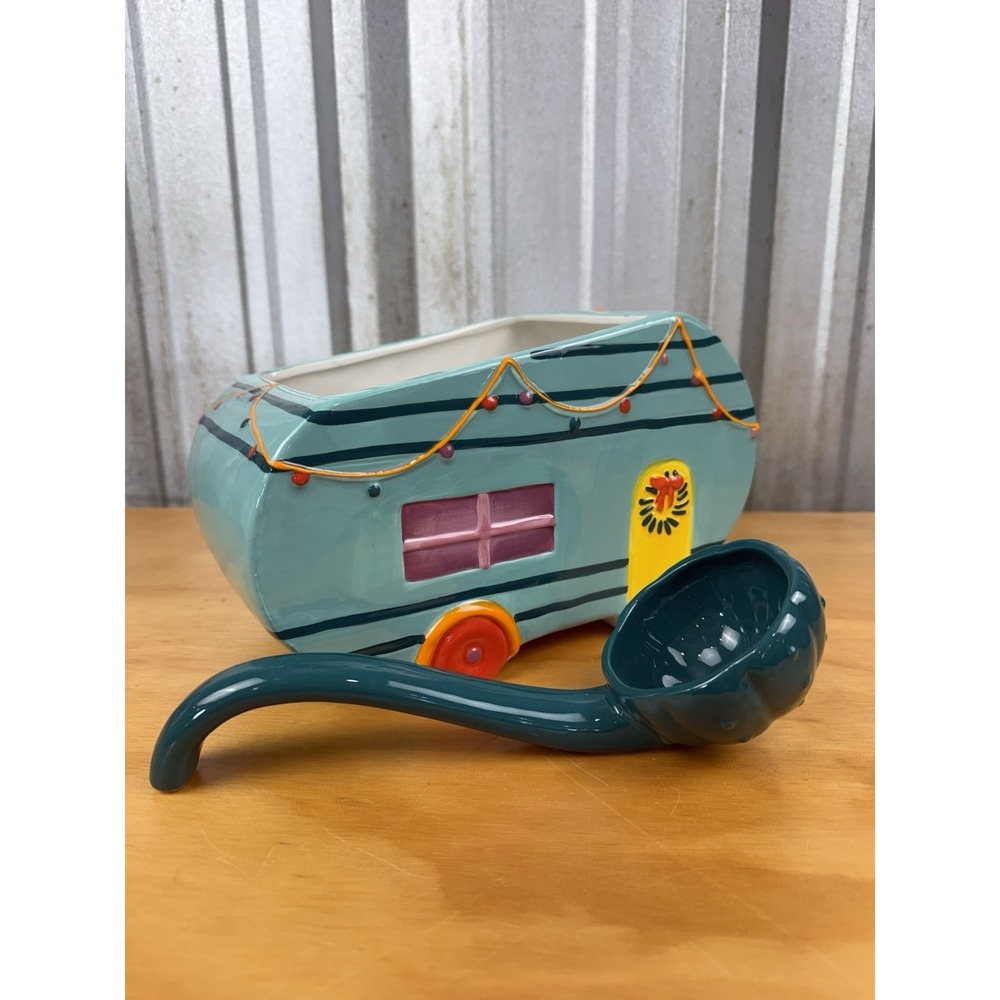 Ceramic Camper Trailer Punchbowl w/ Ladle Retro RV Glamping Decor Vintage Look